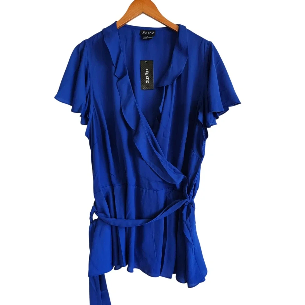 City Chic Women's Blue Ruffle Wrap Blouse Top Plus Size 2X 20 NWT - Picture 3 of 13
